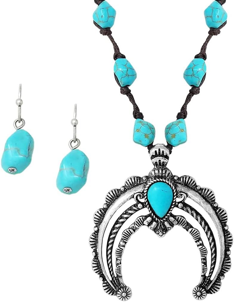 Rosemarie & Jubalee Women's Western Style Statement Squash Blossom Pendant With Turquoise Stone And Vegan Suede Necklace Earrings Set, 18"+3" Extender