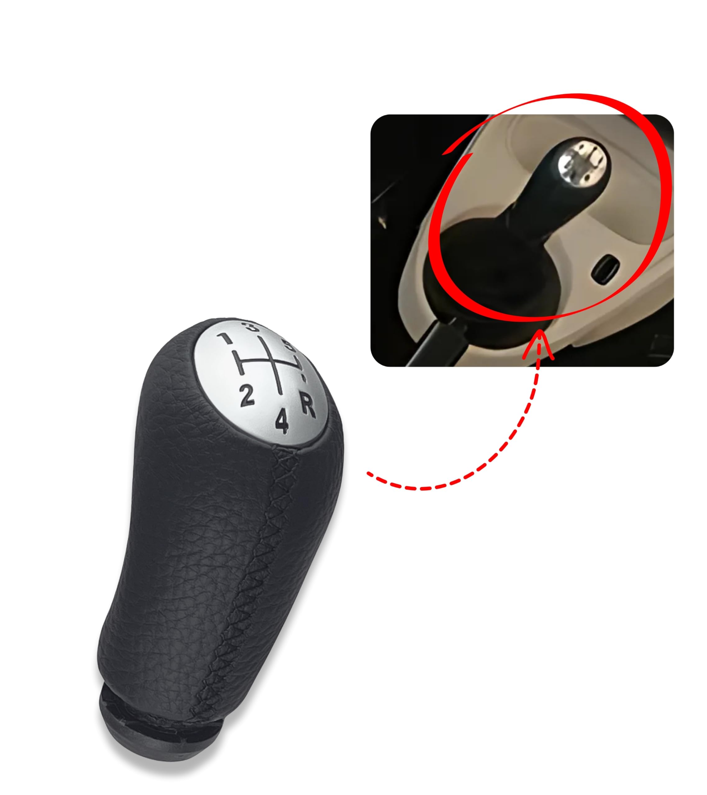 1neiSmartech Pomello Leva Cambio 5 Marce Compatibile con Smart Fortwo III 453 2014–2022 e Forfour W453 2014–2024, Cuciture Nere, con Retromarcia in Basso a Destra