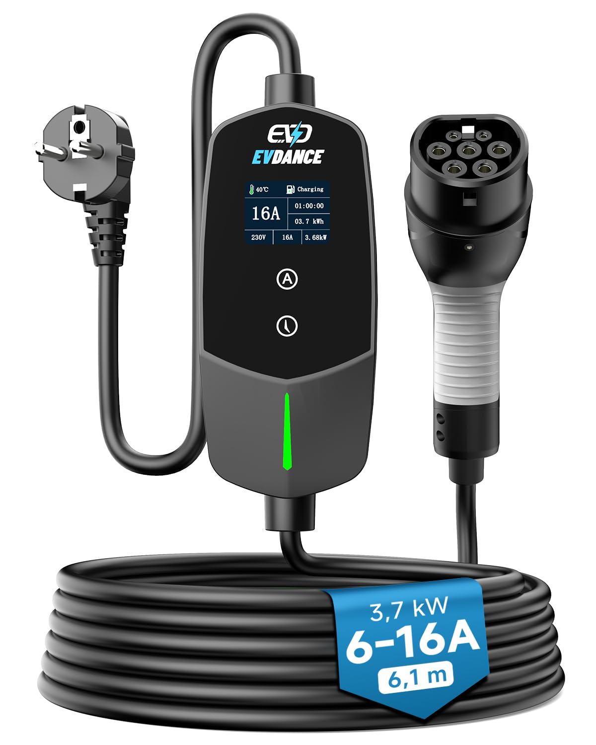 EVDANCE Cargador Coche Electrico 3,68kW, 6-16A, 6,1m, Portátil IP66 | 6-16A corriente ajustable, 0-12h carga programada, 6,1m cable carga coche electrico, compatible con EV IEC 62196-2