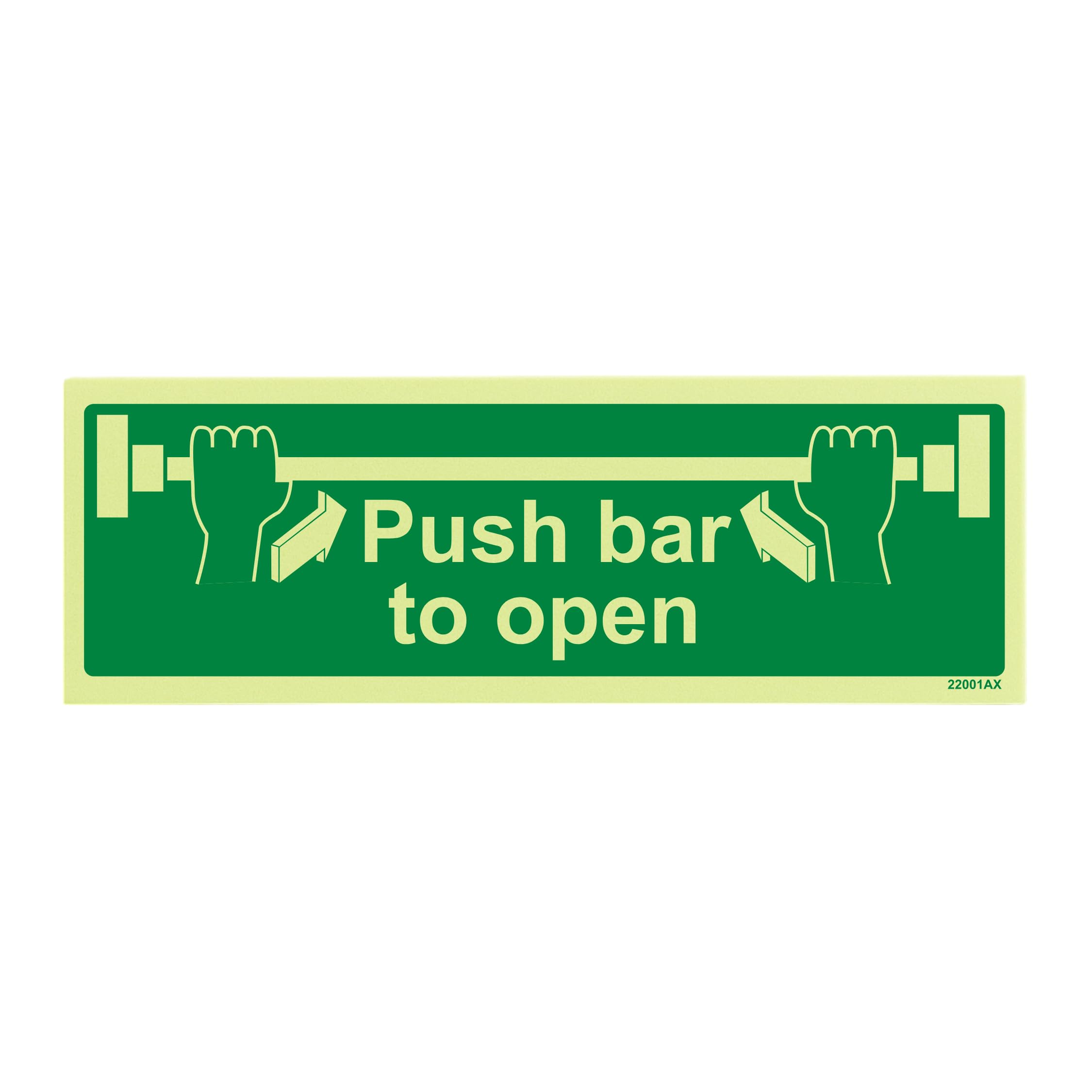 V Safety Glow In The Dark Push Bar To Open Door Sign - 300mm x 100mm - Self Adhesive Vinyl