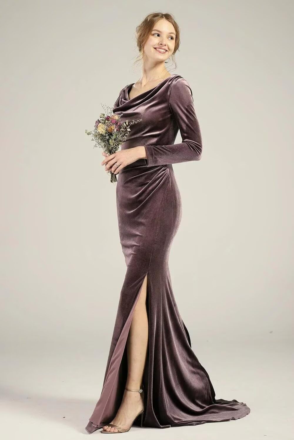 Cowl Neck Velvet Bridesmaid Dress for Women 2024 Long Sleeve Pleated Mermaid Wedding Guest Dress with Slit - Image 2