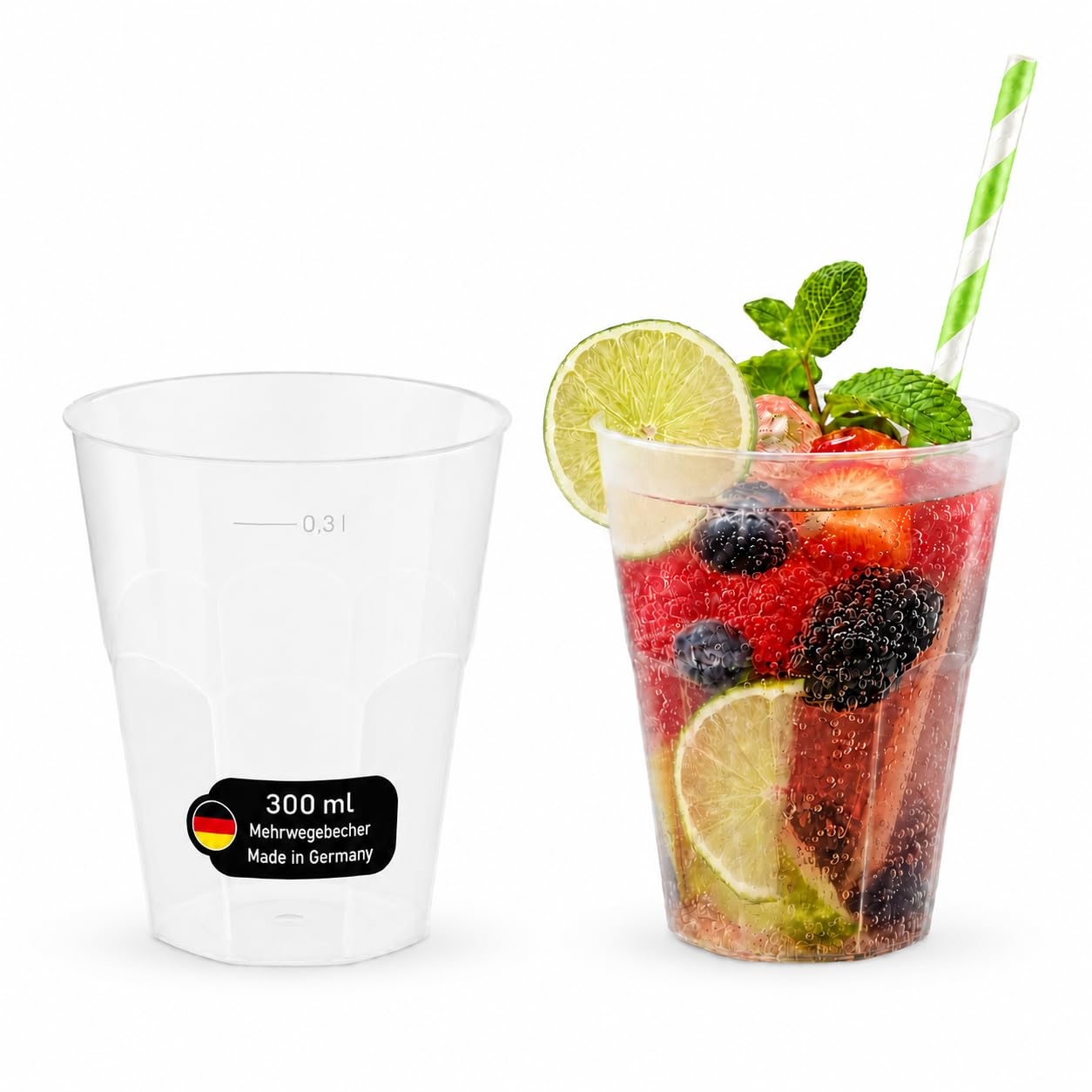 450 Cocktailbecher 300ml Made in Germany | wiederverwendbare Getränkebecher mit Eichstrich | bruchsicher | spülmaschinenfest | transparente Trinkbecher 0,3l | Partybecher