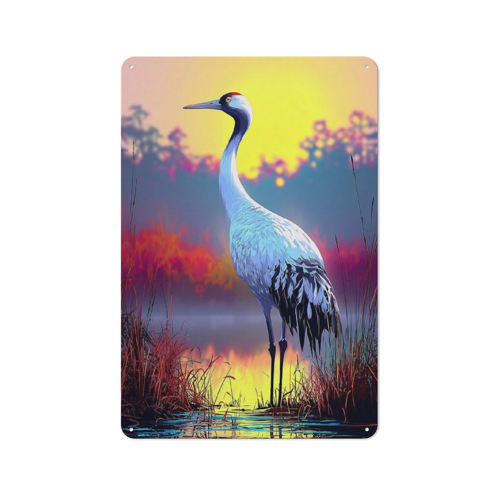 Junmoney Blue Crane Sunset Majesty Metal Wall Sign 30X20cm Featuring For Bar Or Restaurant, For Bar Decor Enthusiasts