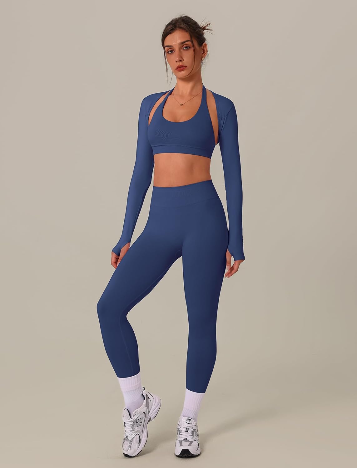 3 Piece Workout Sets for Women Seamless Halter Sports Bra High Waist Leggings Long Sleeve Shrug Gym Yoga Outfits - Image 2