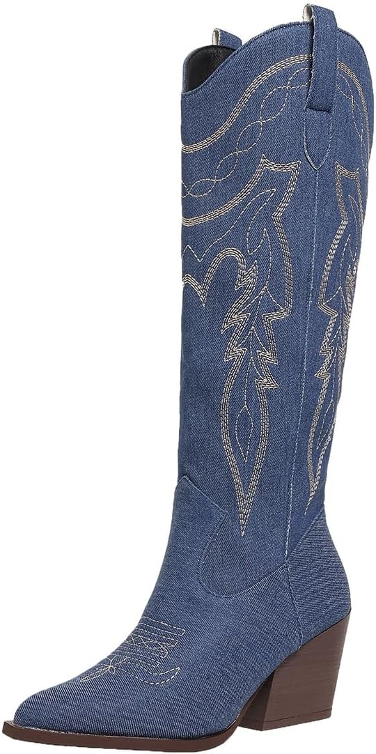 SelRoys Cowboy Boots for Women Cowgirl Embroidered Stitched Pointy Toe Chunky Heel Western Country Fashion Boots