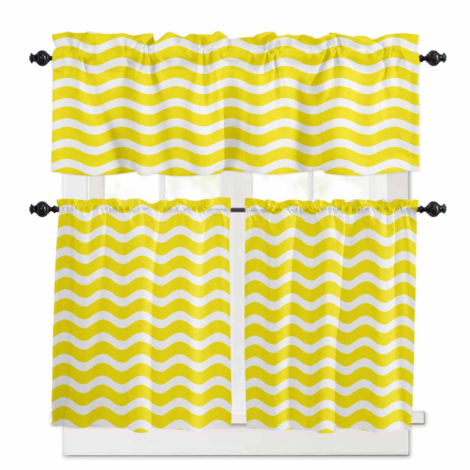 Yellow White Kitchen Curtains 24 Inch Length,3 Piece Rod Pocket Small Half Tiers and Valance Set,Modern Abstract Waves Water Ripple Striped Small Large Window Treatment Decor for Bedroom/Bathroom