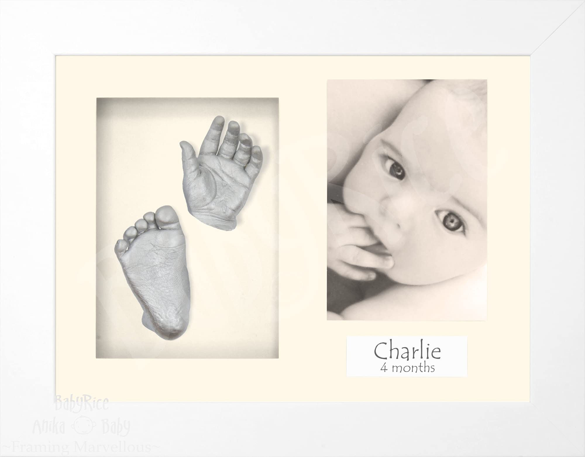 BabyRice Baby Casting Kit with White 12x9 Shadow Box Display Frame, Silver Paint for Hand, Foot Casts (Cream/Cream)