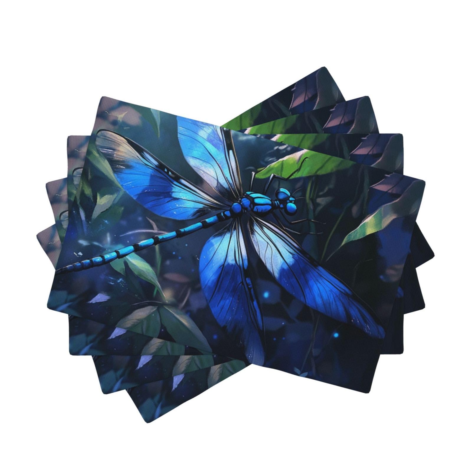Placemats Set of One Size Washable Wipeable Table Mats Heat Resistant Weave Place Mats Art Blue Dragonfly Placemats Wrinkle Free Place Mats for Dining Table Kitchen Party Holiday Decoration 30 x 45 cm