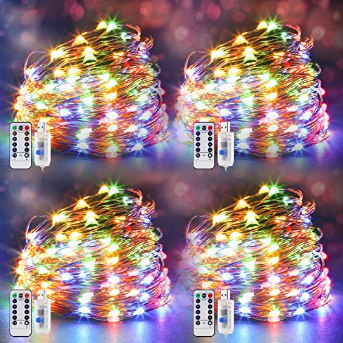 Guirlande lumineuse LED - Fil de cuivre - 4 pièces - 100 LED - Port USB - Avec télécommande - 8 programmes - Pour fête, Noël, Halloween, mariage, fête Cover