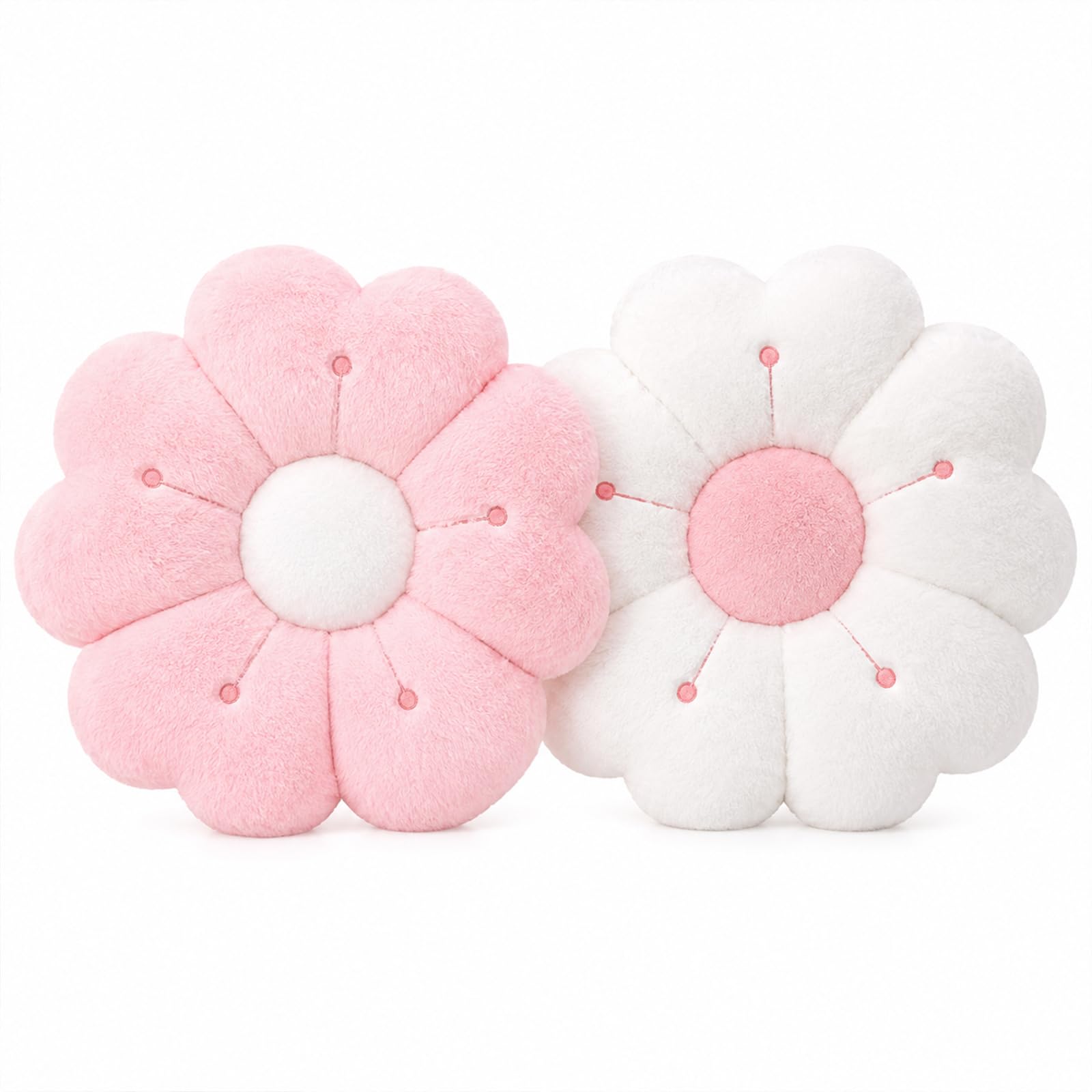 TOUKBEAU 2Pcs Flower Cushion, 35cm Soft and Fluffy Daisy Pillow, White + Pink Aesthetic R-Shaped Floor Cushion, Cute Plush Seat Cushion for Bedroom, Sofa, Couch, Living Room Floor Seating
