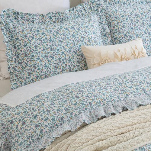 DAUAOTO Queen Size Ruffle Duvet Cover Set, 100% Cotton, Kids Teen Girls Duvet Cover 90"X90" + 2 Shams, Ditsy Floral Pattern Blue