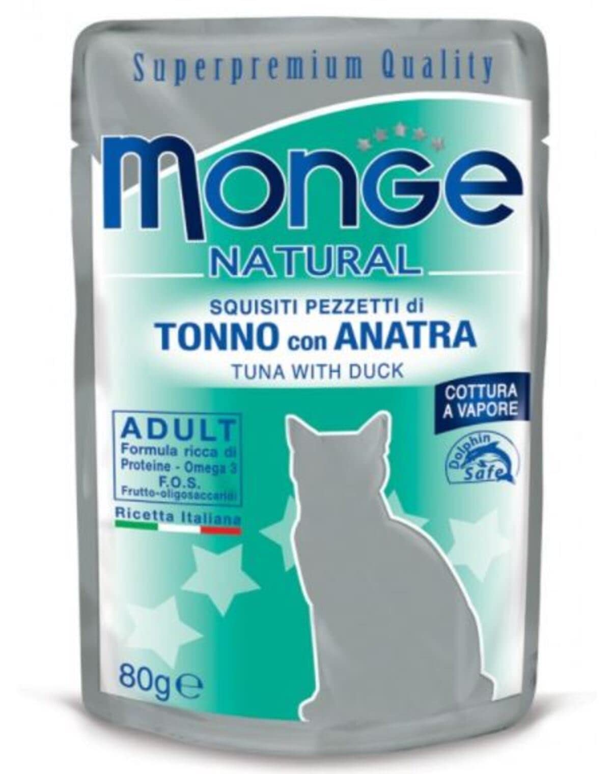 Monge Natural Supremium quality Mokre jedzenie dla dorosłych kotów smak tuńczyka z kaczką gotowaną na parze. Opakowanie 24 saszetek (1 saszetka = 80 gr.) Bez barwników i konserwantów