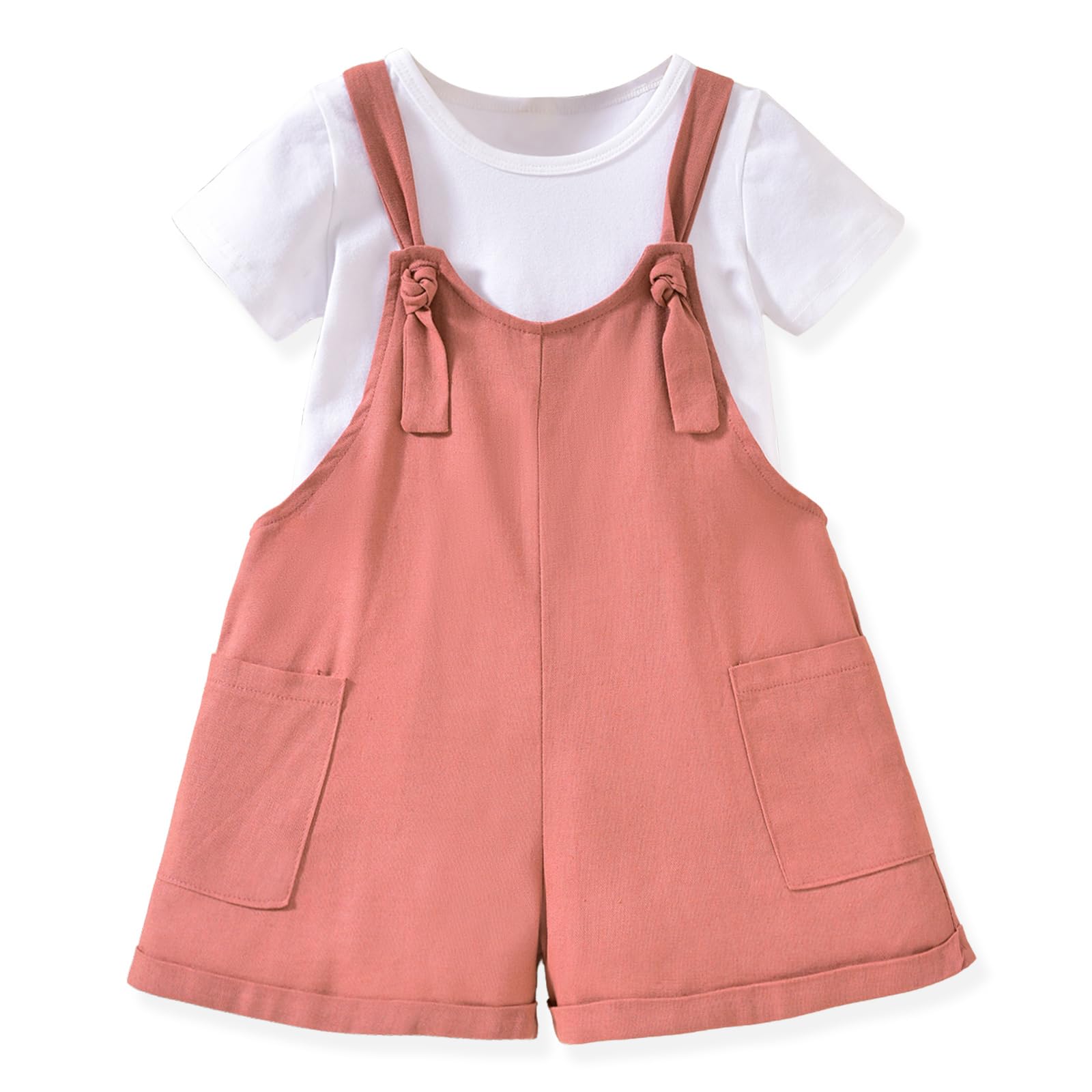 HINTINA Toddler Girl Overall Shorts Set Adjustable Loose Jumpsuit Short Sleeve T-shirt Vacation Summer Outfits with Pockets