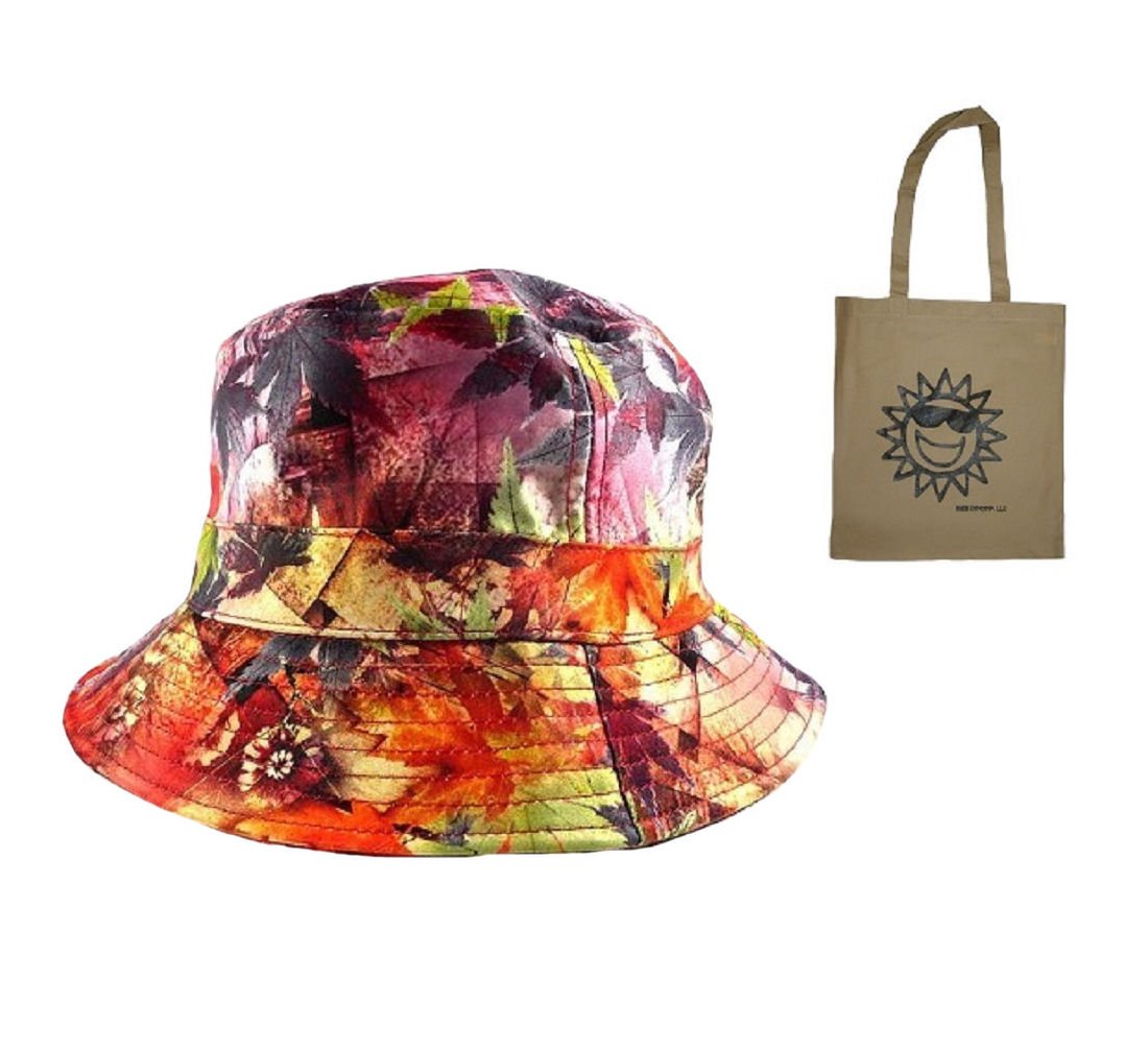 August CapsFashion Adult Bucket Hat & Tote 2 Item Multi-Pack (1 Size, Vintage Leaves Orange)