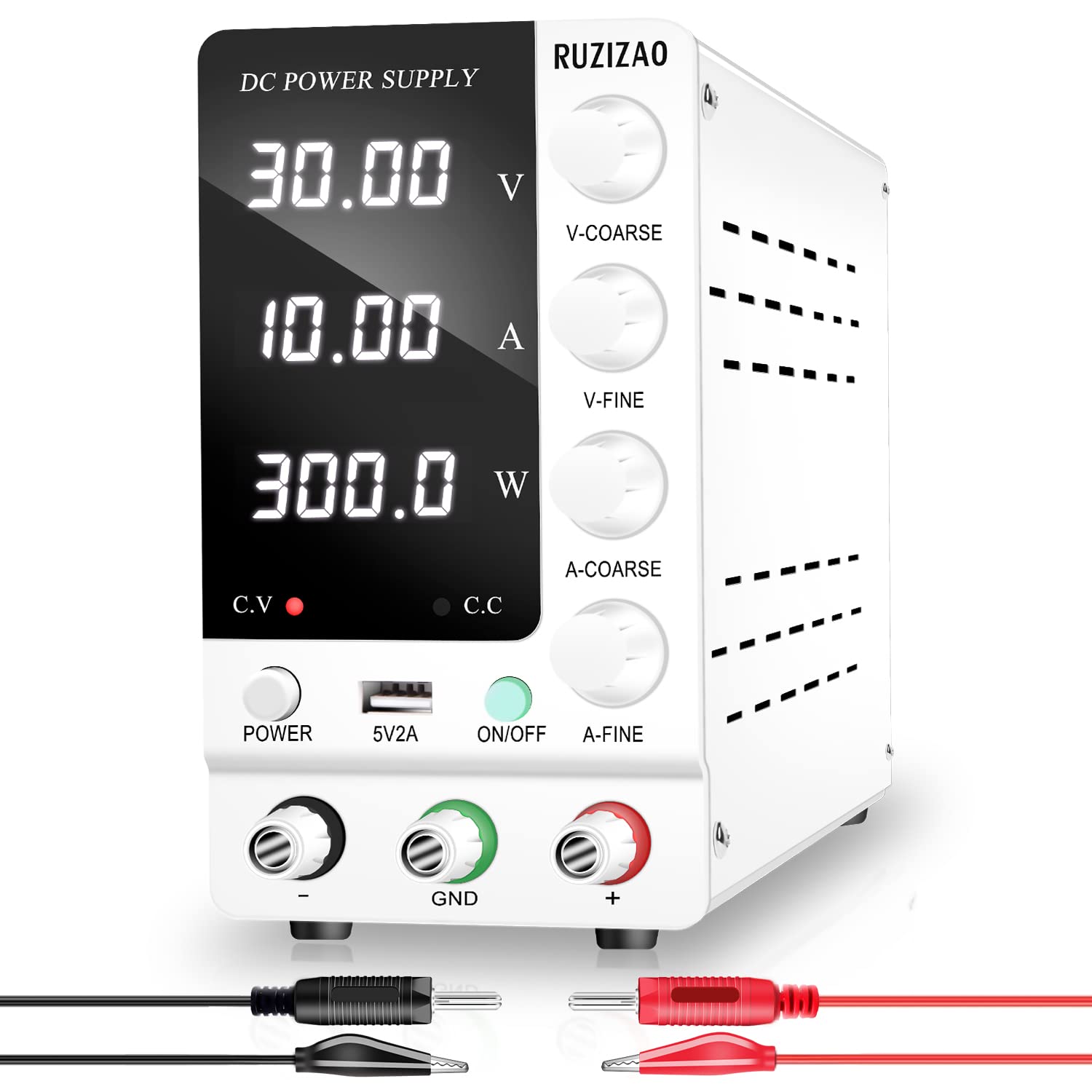 RUZIZAO DC Bench Power Supply Variable: 30V 10A Adjustable Switching Regulated High Precision 4-Digits LED Display 5V/2A USB Port Test Lead Output & Input Power Cord Bench Lab DC Power Supply