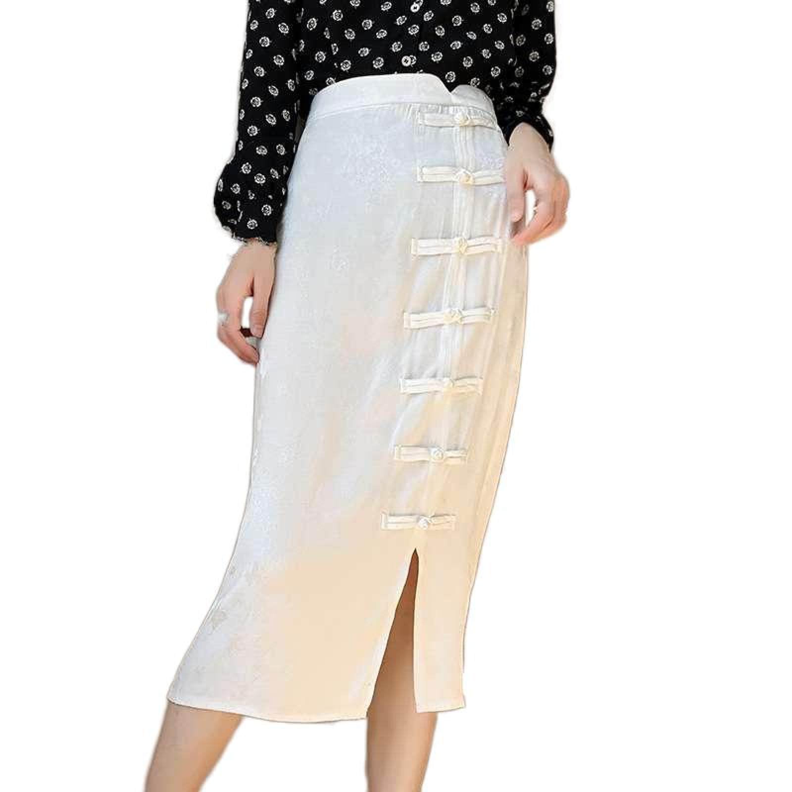 Jupe Droite en Satin De Soie pour Femme - Été Mi-Longue Taille Haute Jacquard Rétro Style Chinois Boucle Cheongsam Jupe Fendue À La Hanche, Jupe Drapée Souple Et Soyeuse À La Mode,Blan