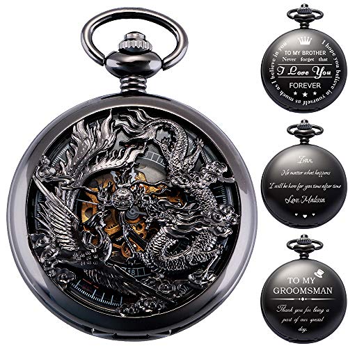 ManChDa Mens Antique Mechanical Engraved Pocket Watch Lucky Dragon & Phoenix Retro Skeleton Dial with Chain + Gift Box Personalized Gift for Father Husband Dad Groomsman Best Man