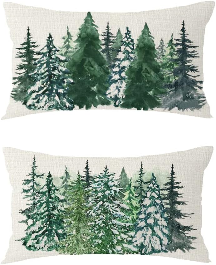 Set of 2 Merry Christmas Green Trees Pine Cedar Watercolor Painting Lumbar Decorative Throw Pillow Cover Cushion Case Cotton Linen for Bed Sofa Holiday Outdoor 12x20inches, Green&cream