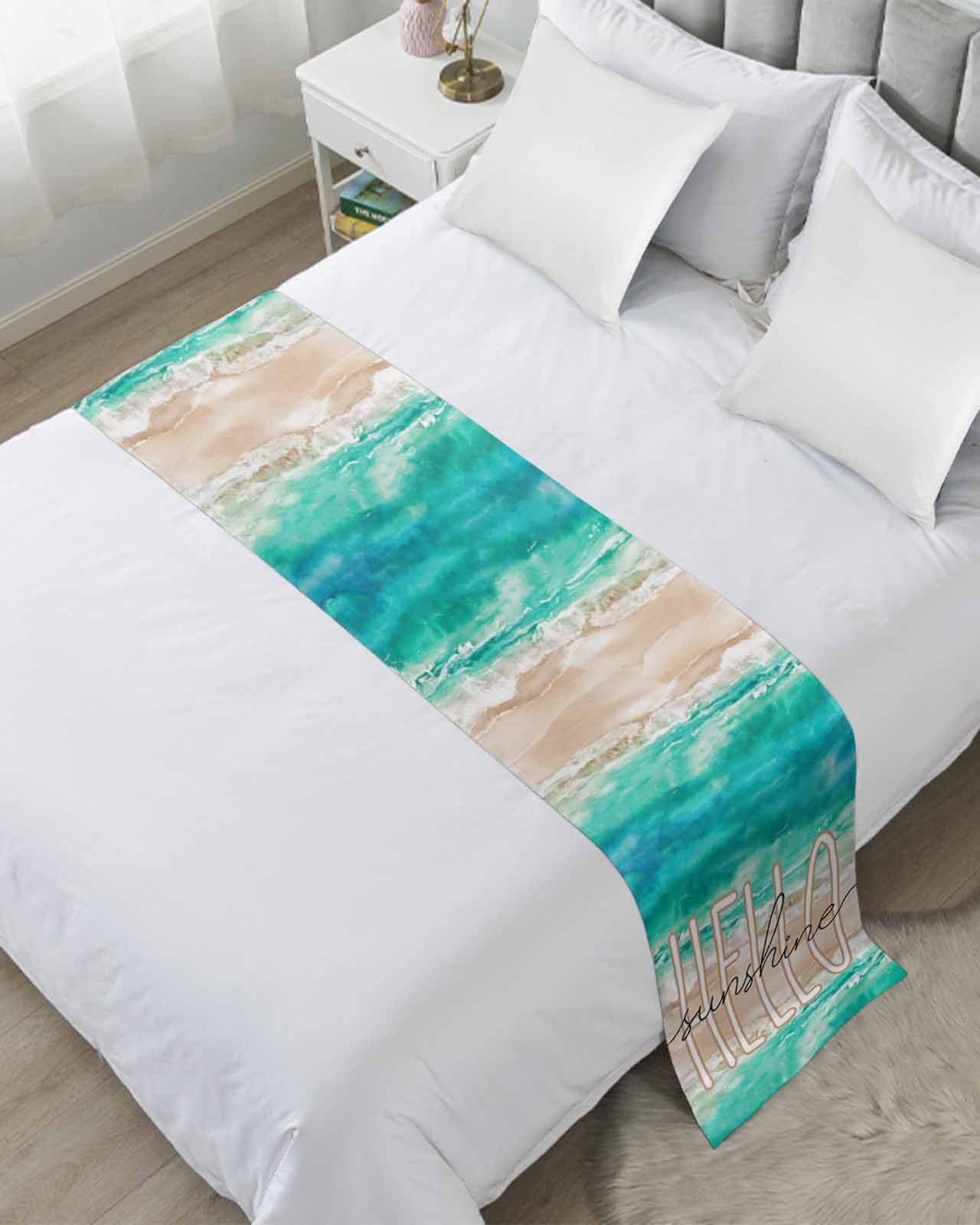 Bed Runner for Twin Size, Summer Turquoise Ocean Decorative Scarf Throws for Foot of Bed, Beach Coastal Ombre Waves Luxury Bedding Protector Slipcover Beds Runners for Hotel/Home, 71 x 20 Inch