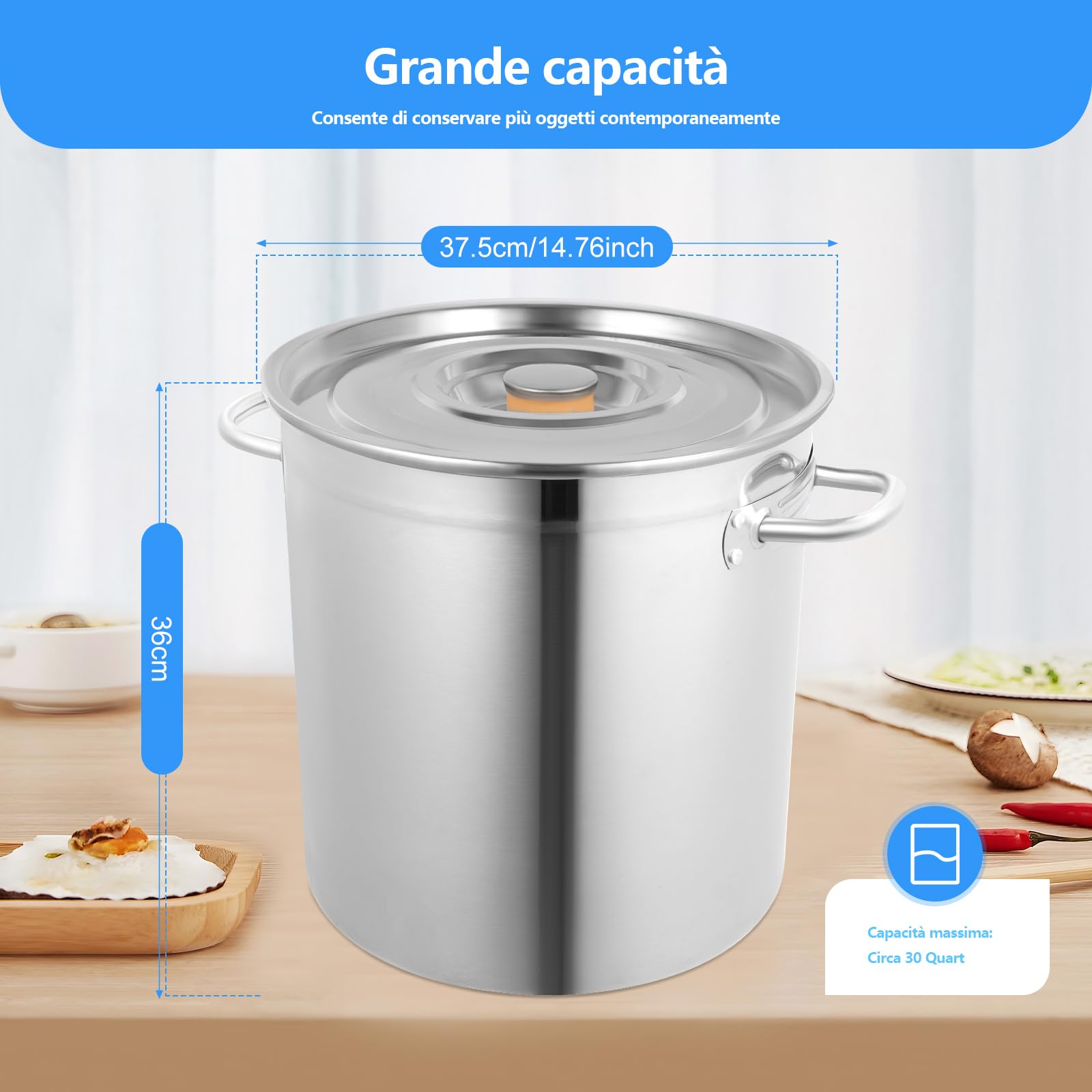 Pentola per zuppa in acciaio inox, 35 litri, grande con fondo ispessito, fondo con scanalature antiscivolo, 35 cm x 36 cm, pentole alte, lucidatura fine, grande capacità, HG-2097