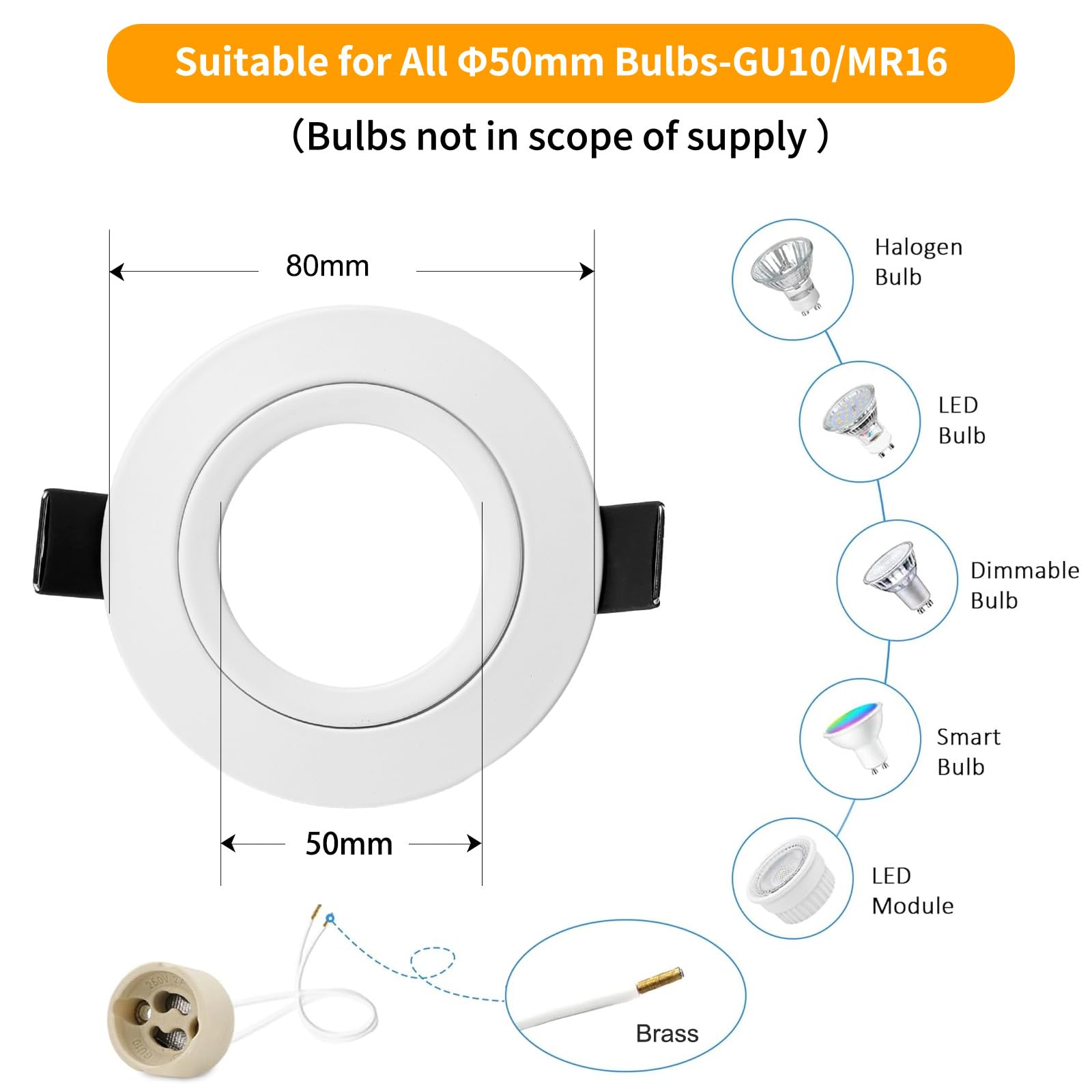 GeyouLux Marco Foco Empotrable Blanco Incl. GU10 Zócalo Ojos de buey led para techo Aluminio Downlight led techo empotrable Para Ø50MM MR16 Lámparas O Halógena Baño Sala Cocina, 6 Pack, 68mm
