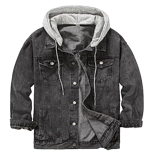 Image of Men's Denim Jacket Distressed Hooded Jean Jackets Baggy Ripped Trucker Coat | Loose Vintage Long Sleeve Denim Hoodie Cotton Button Down Jean Outerwear With Pockets Black Blue Hip Hop Streetwear Casual