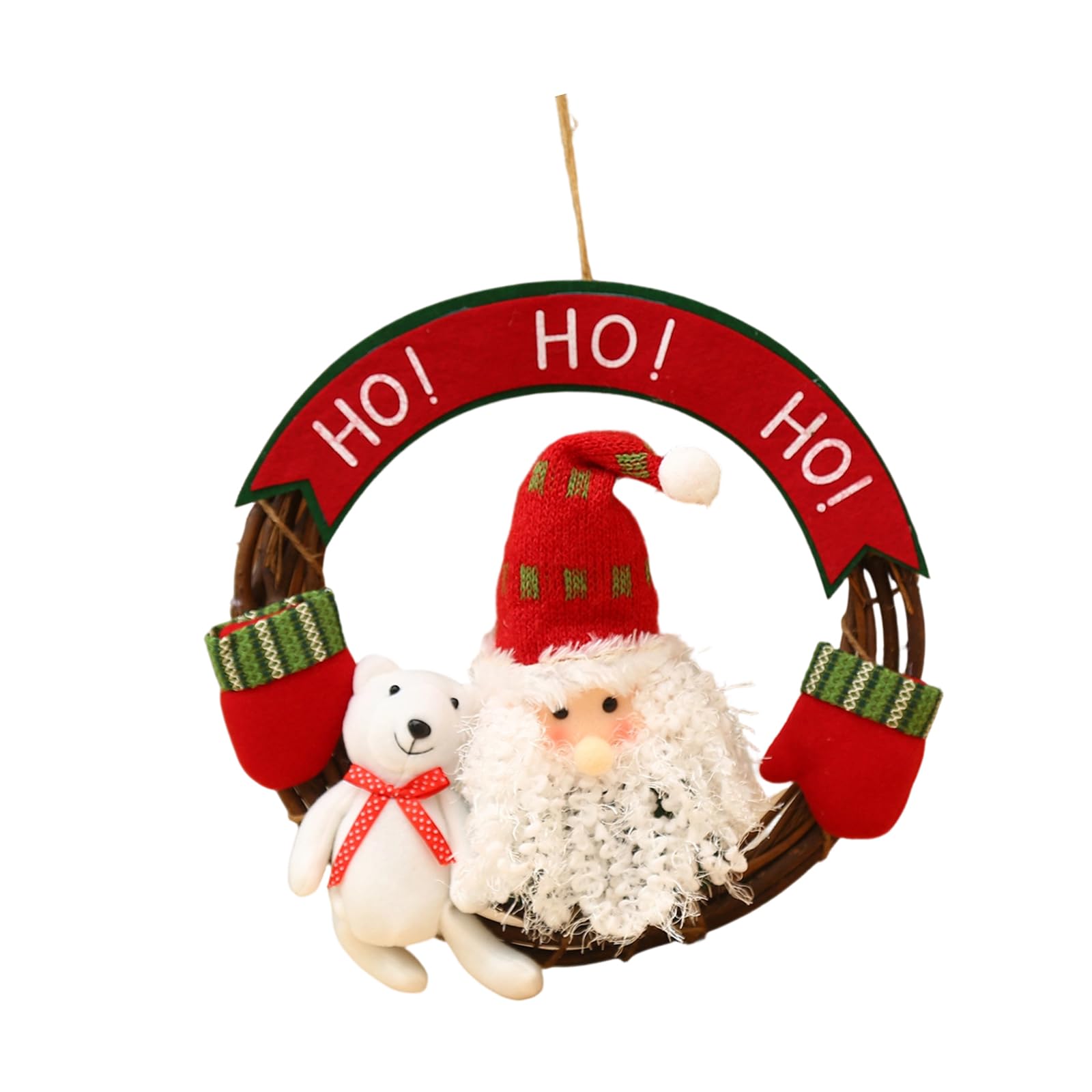 Wooden Festival Wreath Hanging Ornament with Plush Doll Christmas Tree Decoration for Door Wall Holiday Party Decoration Seasonal Wreath for Door