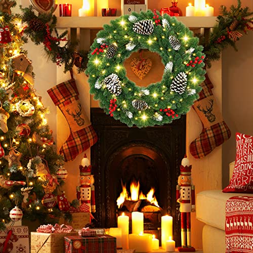 24 Inch Christmas Wreath For Front Door, Pre-Lit Artificial Christmas Wreath With 60 Led Lights Battery Operated Christmas Decorations Red Berries Pine Cones Window Door Decorations Winter Ornaments #TOP6