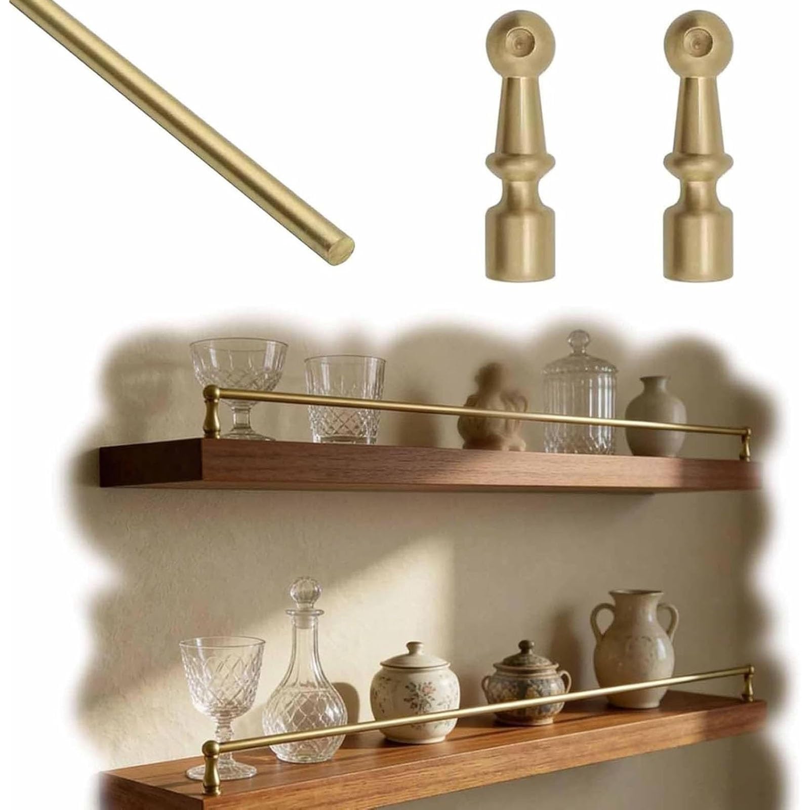 8-40 in Metal Shelf Guard Rail Brass Gold for Wood Shelves, Anti-Tipping Gallery Rails for, Round Tube Anti-Fall Fence(Style C,42cm/16.5in)