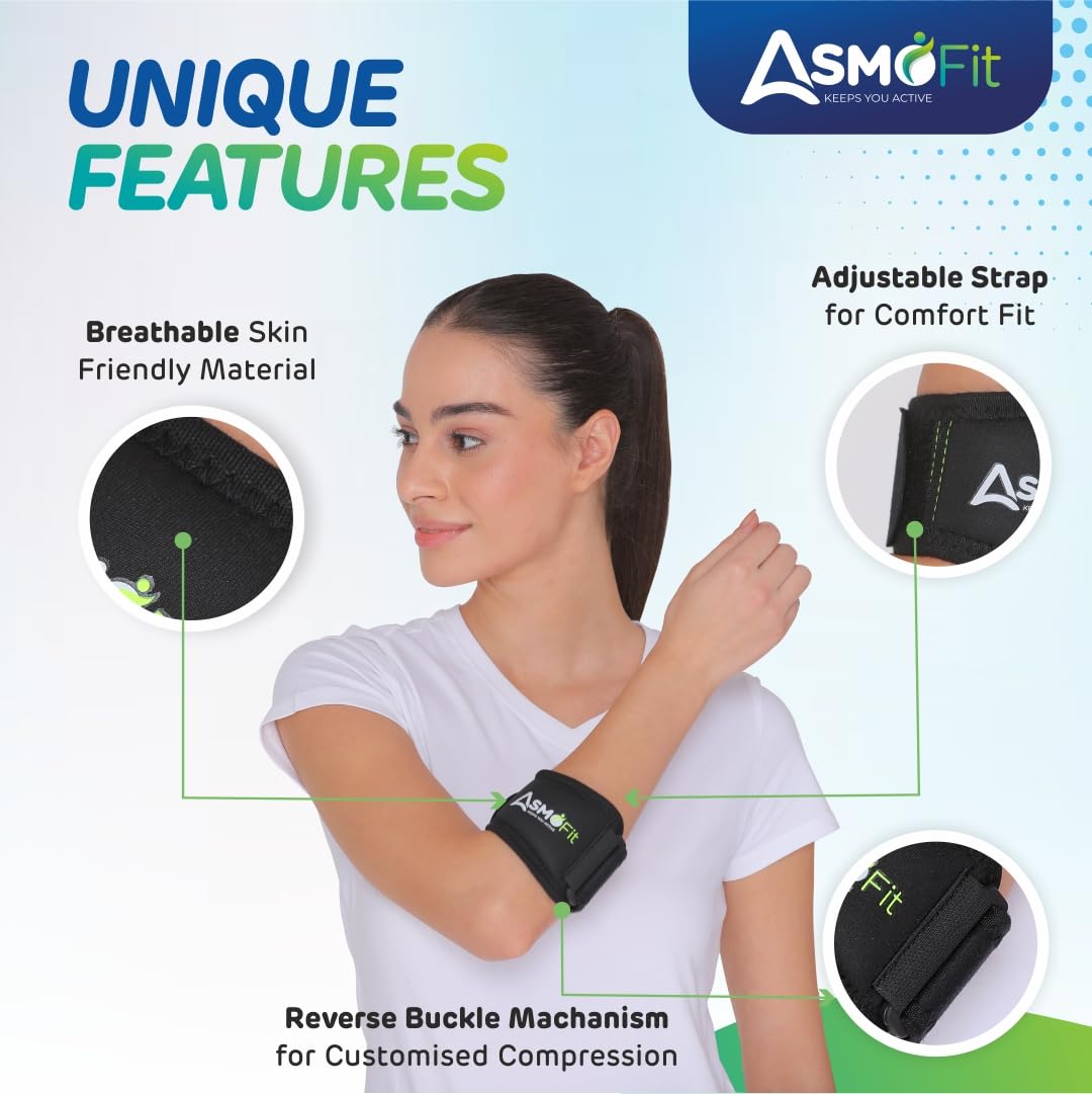 Asmofit Tennis Elbow Support for Gym with Adjustable Strap | Elbow band for pain relief in Bursitis, Tendonitis Support | Ideal for Men & Women, Weightlifting, Volleyball & Cricket - Black (Size: Universal) - Image 2 thumbnail