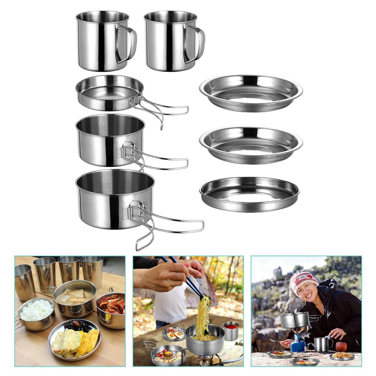 Tragbares mit Tasche aus Edelstahl Kochgeschirr Camping 8 Stück Verschleißfest und Praktisch beim Outdoor Kochen für Backpacker und Wanderer