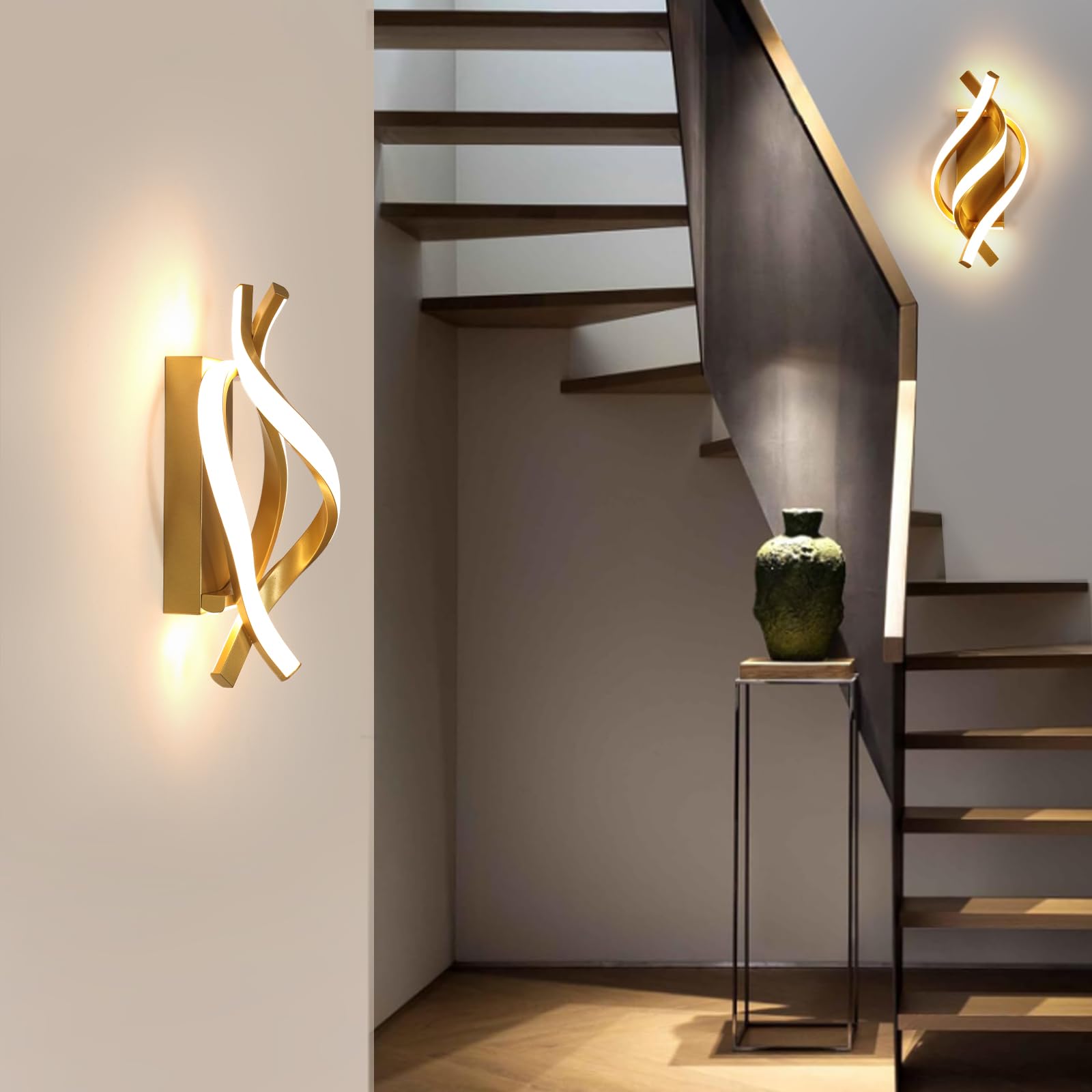 Comely Aplique Pared Interior, Dorado 22W 2500LM Lámpara de Pared Moderna | Blanco Cálido 3000k Lamparas de Aluminio para Dormitorio, Estudio, Comedor