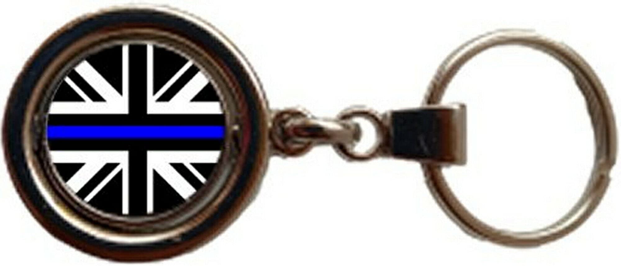 PJ4U Thin Blue Line Police Spinning Double Sided Metal Keyring And Velvet Gift Bag