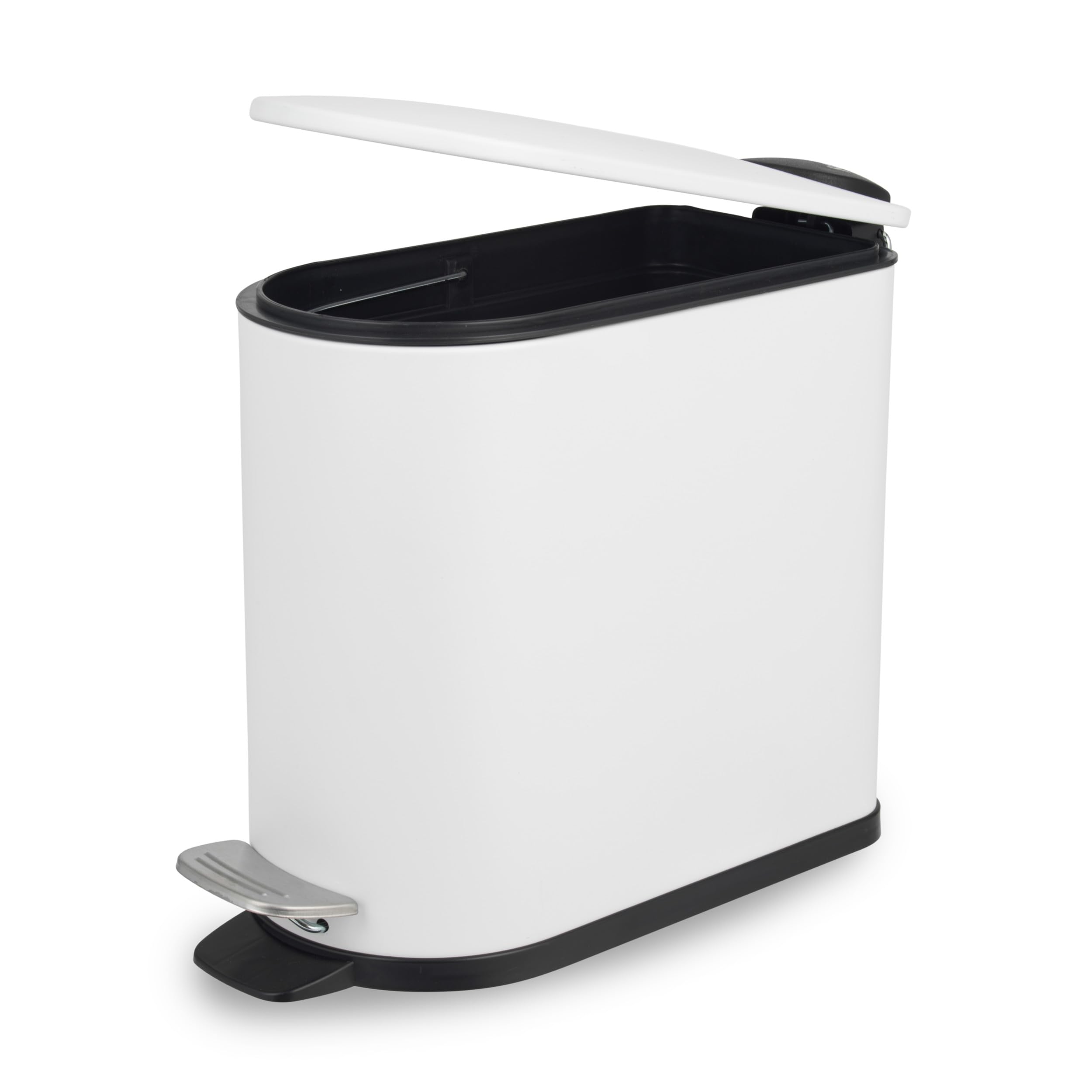 Beldray Bathroom Pedal Bin – 5 Litre Small Toilet Bin, Soft Closing Lid, D-Shaped Sanitary Waste Bin for Bedroom, Office, Kitchen, Powder-Coated Finish, Space-Saving, White