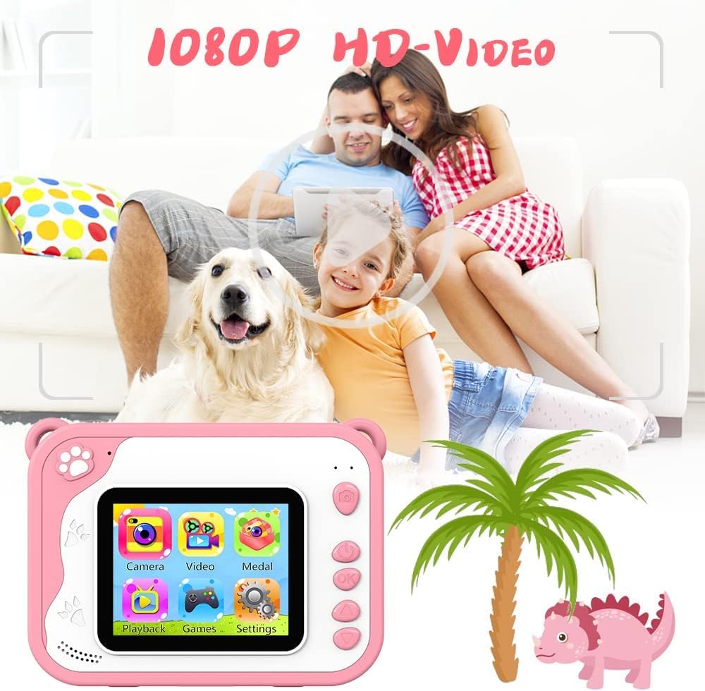 Caméra Enfants Appareil Photo Enfants à Impression Instantanée 2,4'' 1080P écran Appareil Photo Numérique pour Enfants 32GB SD Carte, Stylo 5 Couleurs Cadeaux pour Garçon et Fille Rose