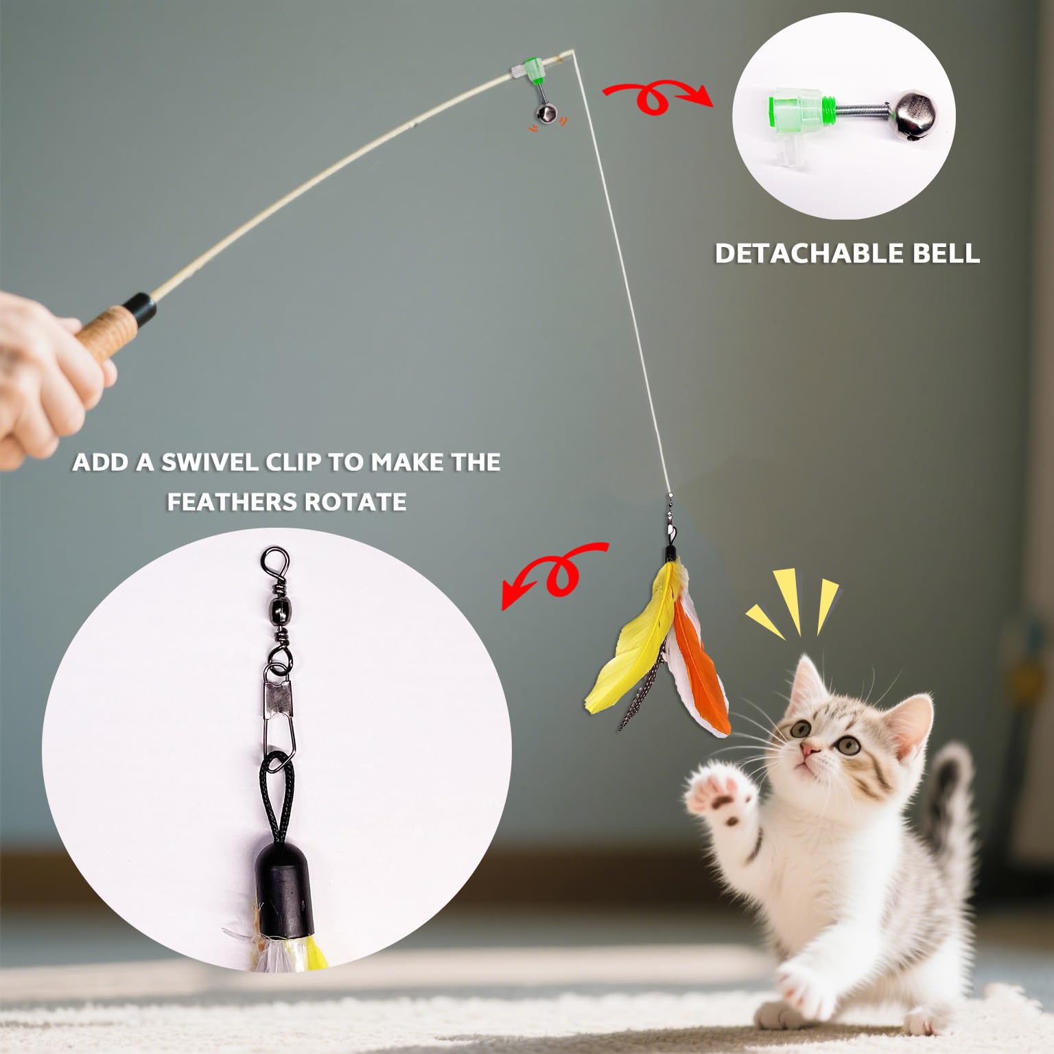 10 piezas de repuesto de juguete de plumas de gato con clips, juguetes de fijación de varita de gato con campana extraíble, repuesto de plumas naturales coloridas para gatos de interior