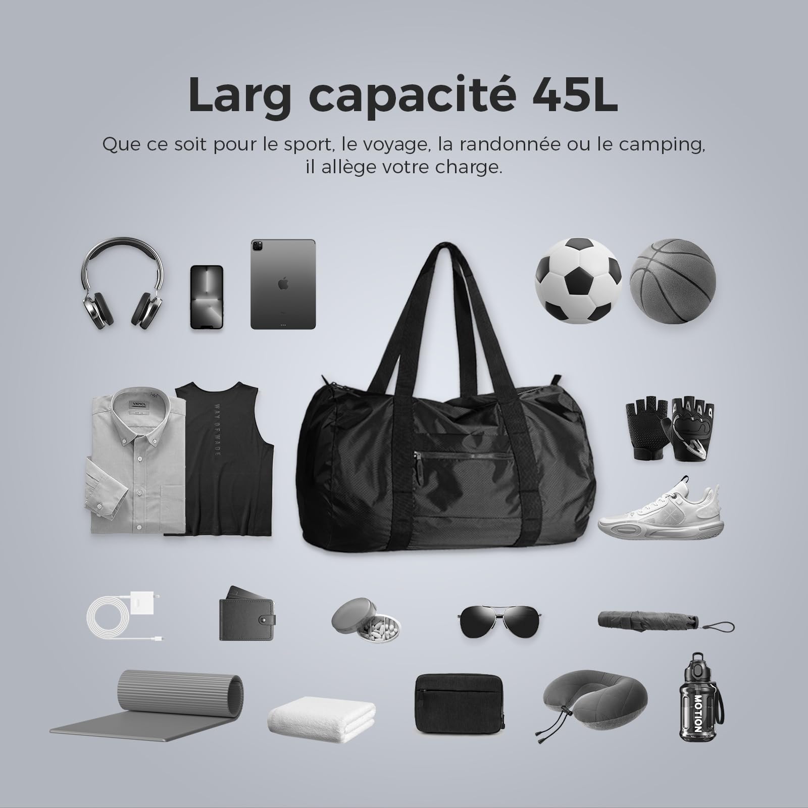 pack all Sac de Voyage Pliable 45 L, Léger et Résistant à l'eau, Noir | Sac de Voyage Week-end en Nylon Anti-Déchirure, Fermetures Éclair YKK Fluides, Ultra Léger et Portable, Coutures Renforcées