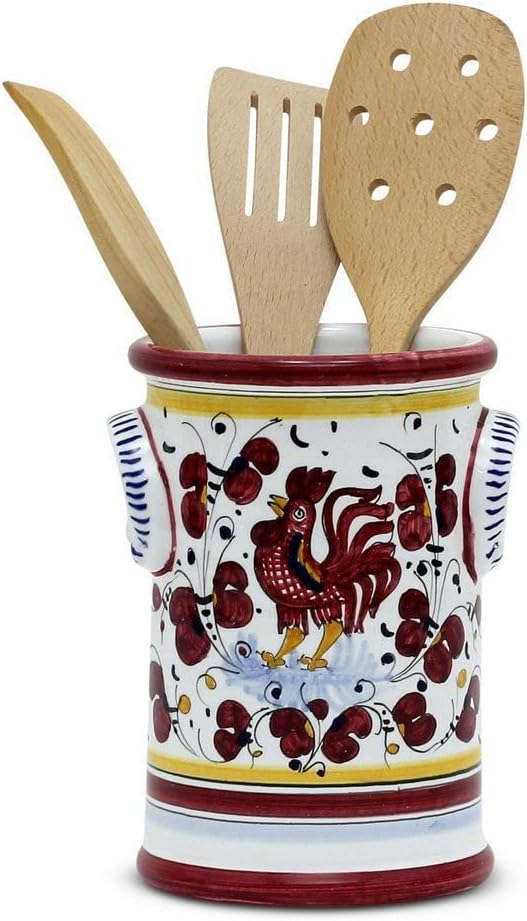 ORVIETO RED ROOSTER: Utensil Holder, [1397-ORR] ~ Authentic, hand painted, in Deruta, Italy. Original design. Shipped from the USA with Certificate of Authenticity.