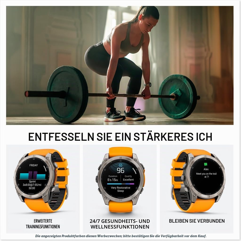 Garmin fēnix® 8-51mm AMOLED Saphir Premium Multisport GPS Smartwatch Lange Akkulaufzeit Tauchbewertet Integrierte LED-Taschenlampe Titan mit Spark Orange/Graphit Band