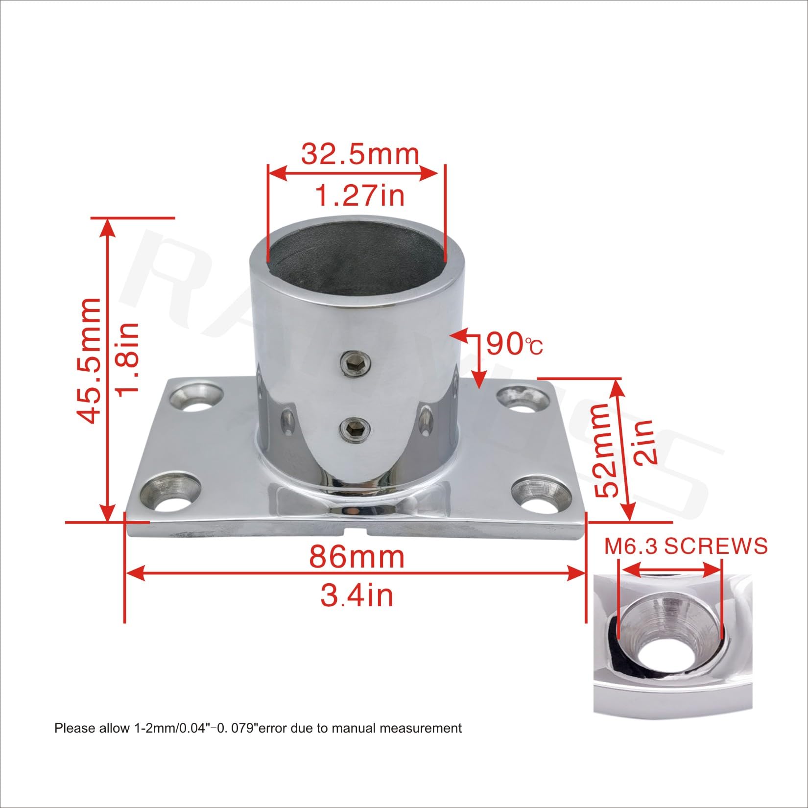 RANYUSS 316 Stainless Steel Boat Hand Rail Fitting - 60/90 Degree, 1-1/4" Rectangular Base - View #14