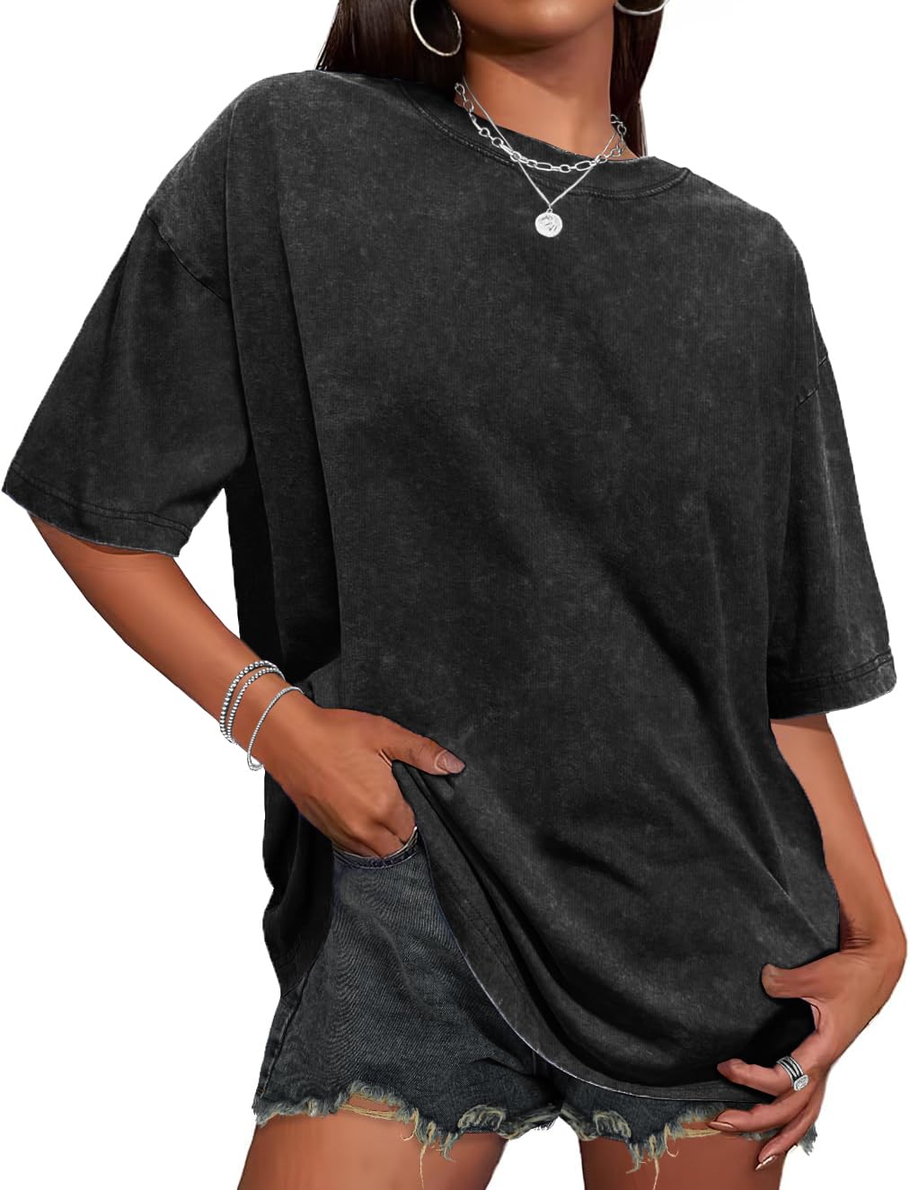 Oversized Tshirts for Women Short Sleeve Crew Neck Vintage Washed Basic Loose Casual Tees