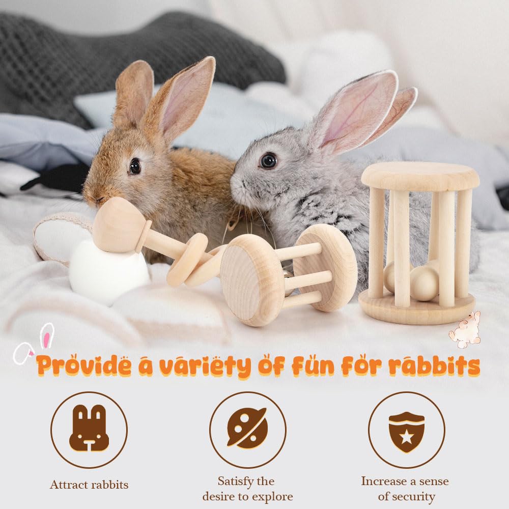 3 Pcs Wooden Bunny Toys with Bell,Safe Giochi per Conigli per Denti,Giochi per Conigli Nani per Indoor Outdoor,Piccoli Animali
