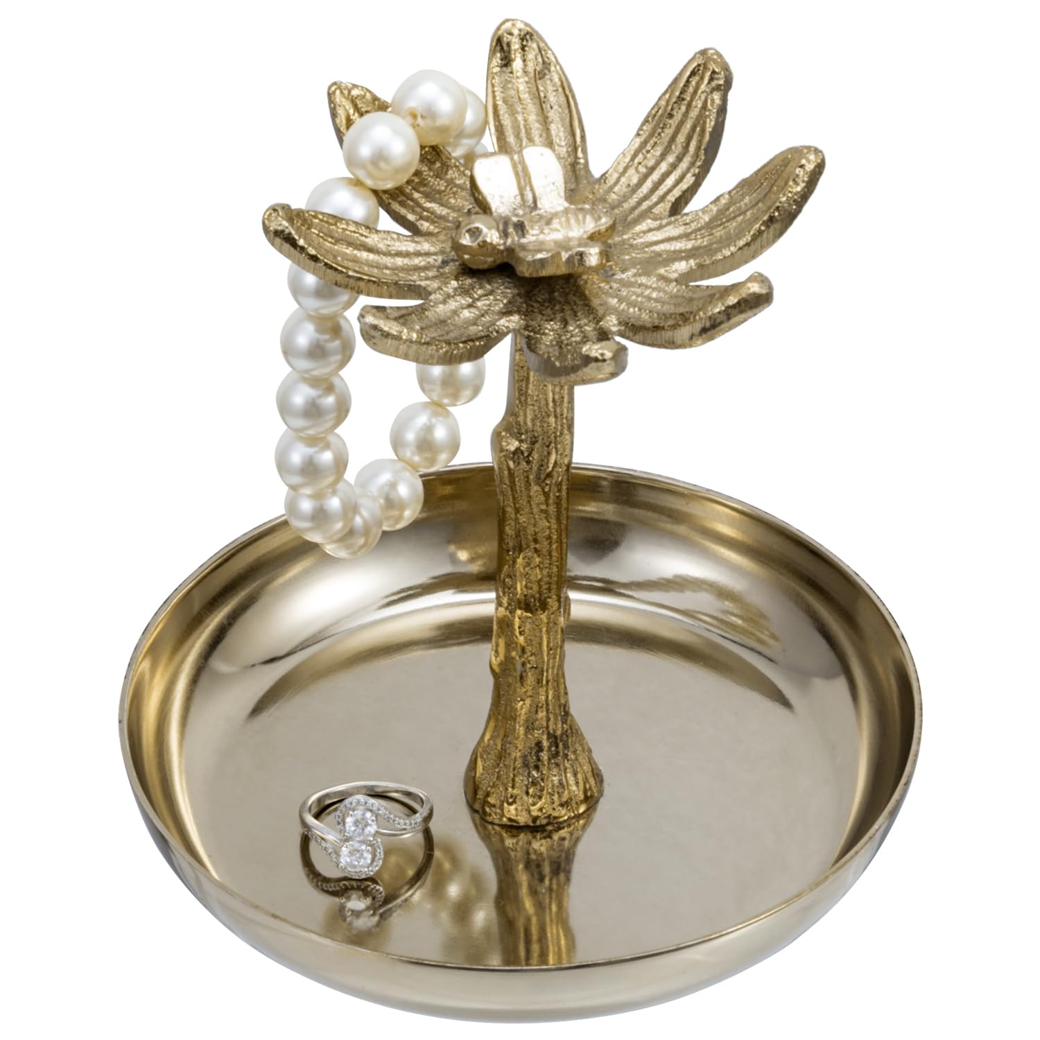 MyGift Brass-Tone Metal Jewelry Bracelet Display Stand with Ring Tray Earring Holder Dish, Vintage Cast Aluminum Flower and Bee Design - Handcrafted in India