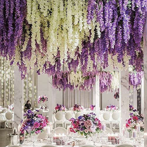 Cewor 24Pcs Artificial Wisteria Vine 3.6 Feet Fake Flowers Ratta Hanging Garland Silk Flowers String For Wedding Party Garden Outdoor Greenery Home Wall Decoration (Purple) #TOP4