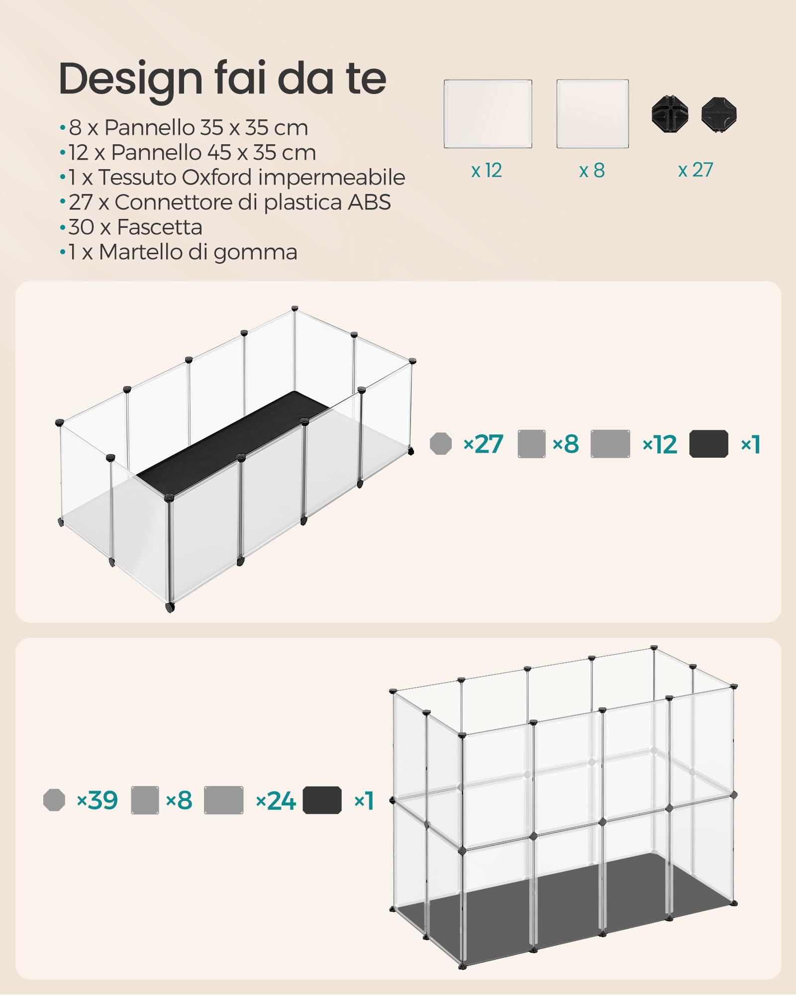 SONGMICS Recinto per Animali con Fondo e Tappeto Impermeabile e Rimovibile, Recinzione per Animali Piccoli, per Criceti, Conigli, Ricci, Porcellini d’India, 143 x 73 x 46 cm, Bianco LPC012W01
