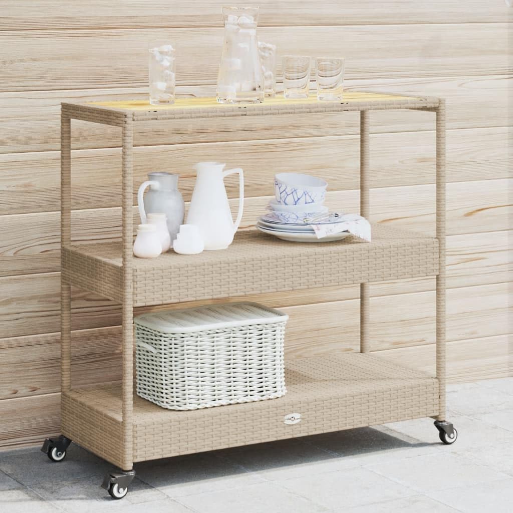 Carrito de bar con 3 baldas de ratán sintético beige y madera maciza de acacia, robusto carrito de servicio con estructura de acero y 4 ruedas para interior y exterior, ideal como carrito de