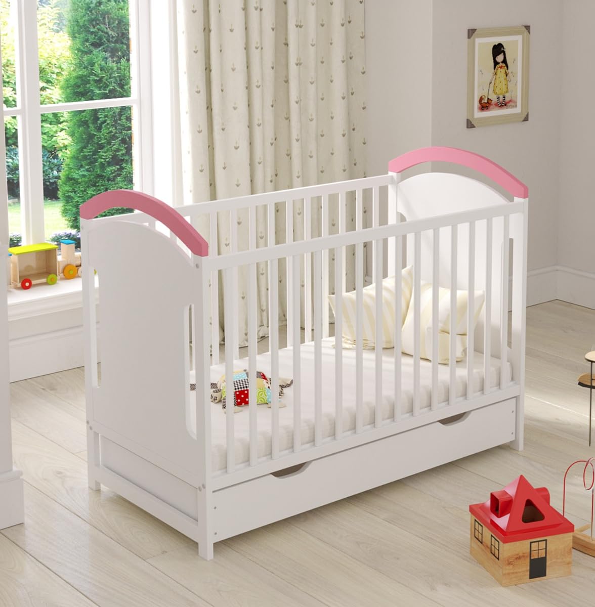 Love For Sleep Lettino Culla Neonato 120x60 cm in Legno di Pino Blu Rosa – Lettino Trasformabile con Barriera di Sicurezza e Protezioni Morbide per Dentizione, per Bambini 0-3 Anni