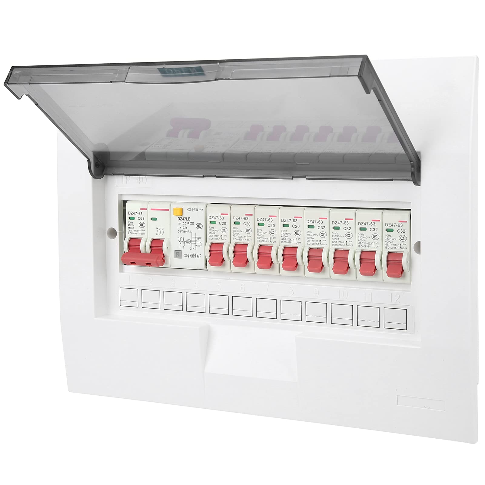 Caja Distribución Eléctrica 8 Vías 2P 63A, Cuadro Eléctrico 230/400V con Protección Diferencial, Cubierta Transparente IP65 para Instalaciones Industriales y Residenciales
