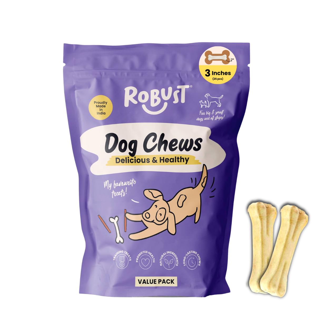 Robust Long Lasting All-Natural Dog Chew Bones to Keep Your Dog Entertained - 3 Inches (25 Units) | Premium Compressed Rawhide Chews for Small, Medium & Large Dogs (B09FQBNMV3) Amazon Price History, Amazon Price Tracker