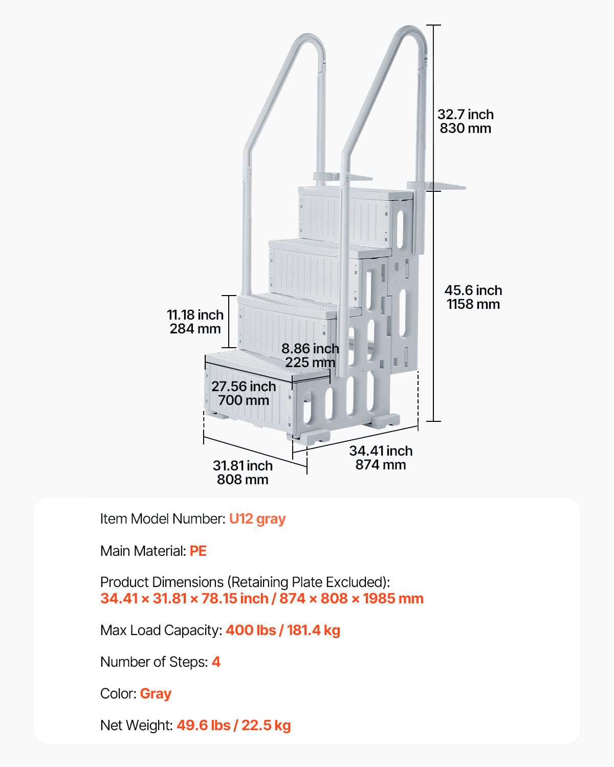 VEVOR Escalier de Piscine Plastique 4 Marches Antidérapantes 181,4 kg 122-137 cm Gris